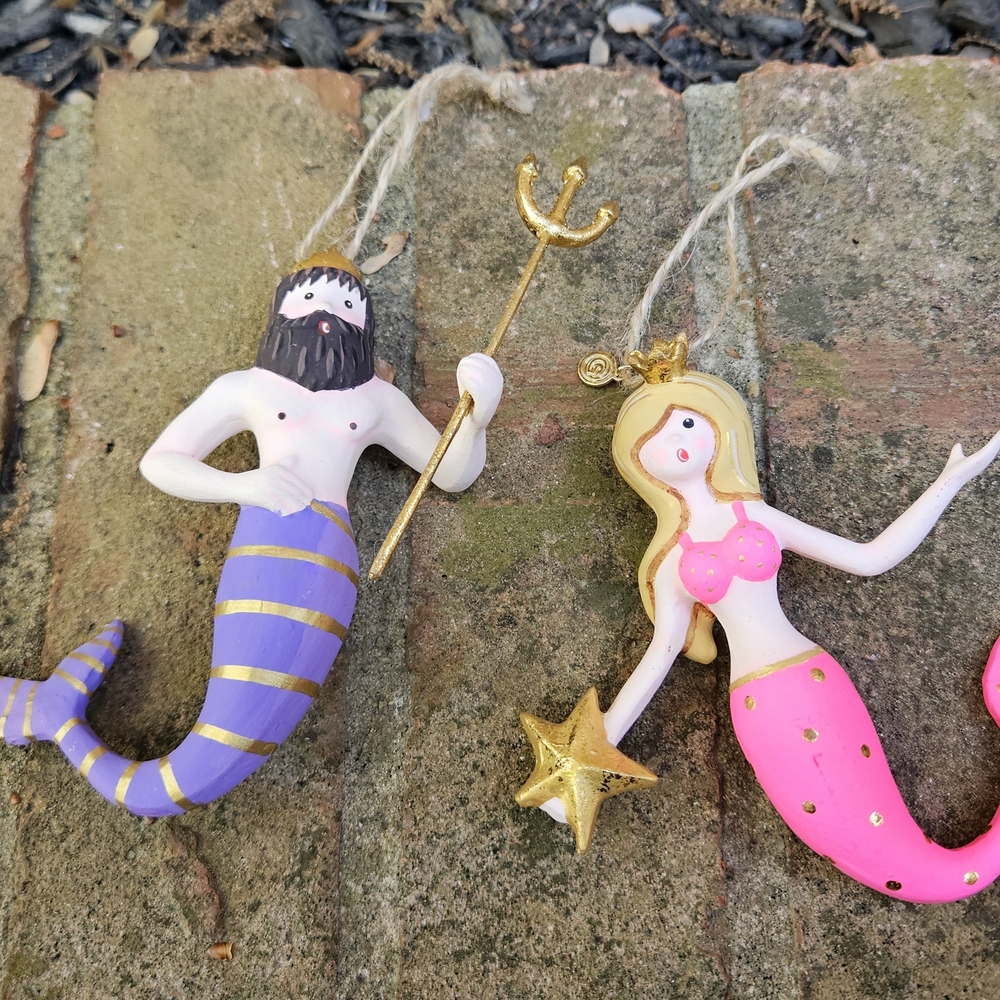 Glitterville Merman With Trident And Mermaid Holding Star Ornaments EUC